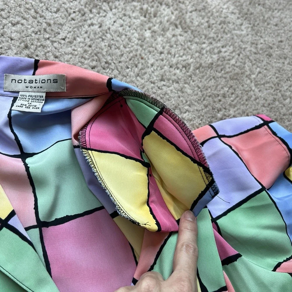 Notations Woman Color Block Shirt 1X – Retro Geometric Print Button‎ Up Blouse - Picture 8 of 9